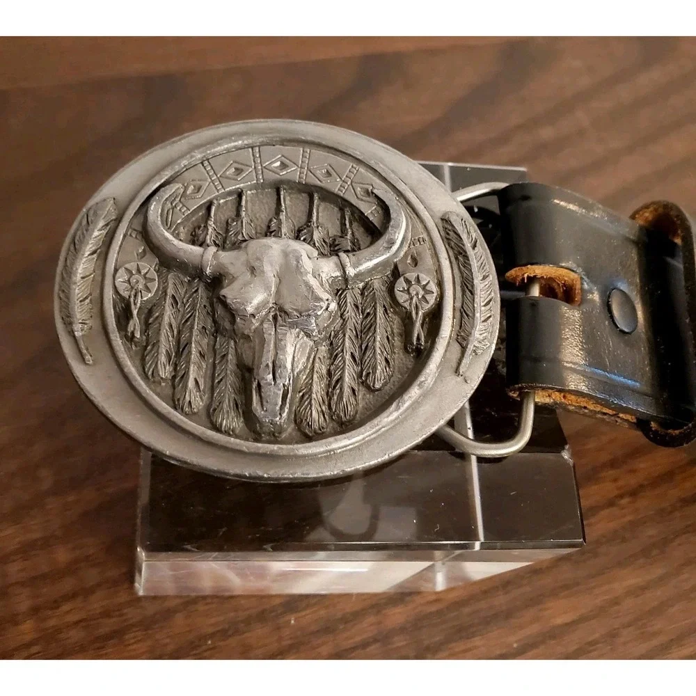 Vintage Buckles of America Longhorn Skull Western Belt Buckle & Leather Belt USA